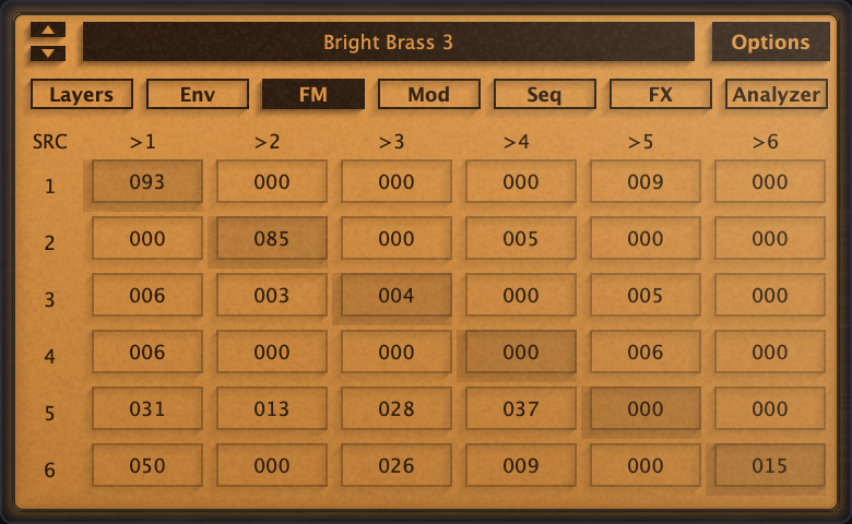 The amber LCD hub showing the 6×6 FM matrix — sources numbered down the left edge, destinations across the top, the feedback diagonal shaded, and most of the grid carrying values.