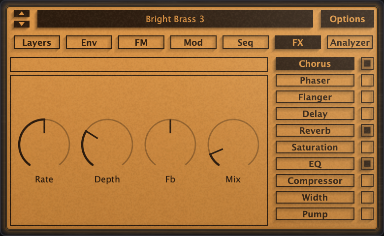 The effects rack: chorus, phaser, flanger, delay, reverb, saturation, EQ, compressor, width and Pump listed in running order, each with its own bypass. Chorus is selected, and its rate, depth, feedback and mix knobs fill the panel beside the list.