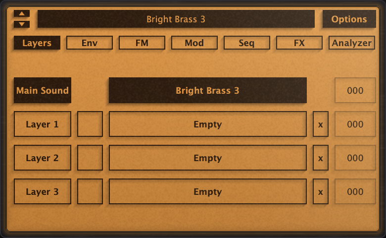 The layers view: a main sound slot holding the Bright Brass 3 patch above three further layer slots, each with its own name field, level and enable.