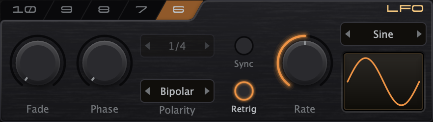 One of the two LFO panels: a numbered strip along the top reading 10, 9, 8, 7, 6 with 6 lit, and below it fade, phase, a bipolar polarity selector, a 1/4 division, sync and retrigger switches, a rate knob and a wave selector reading Sine beside a lit sine curve.