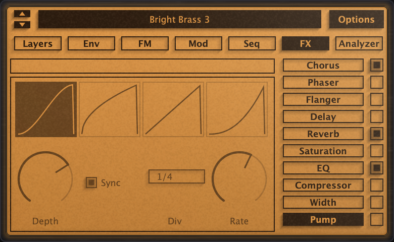 The same effects rack with Pump selected at the foot of the list: its panel shows the four pump shapes as curves, the first one lit, above a depth knob, a sync switch, a 1/4 division and a rate knob.