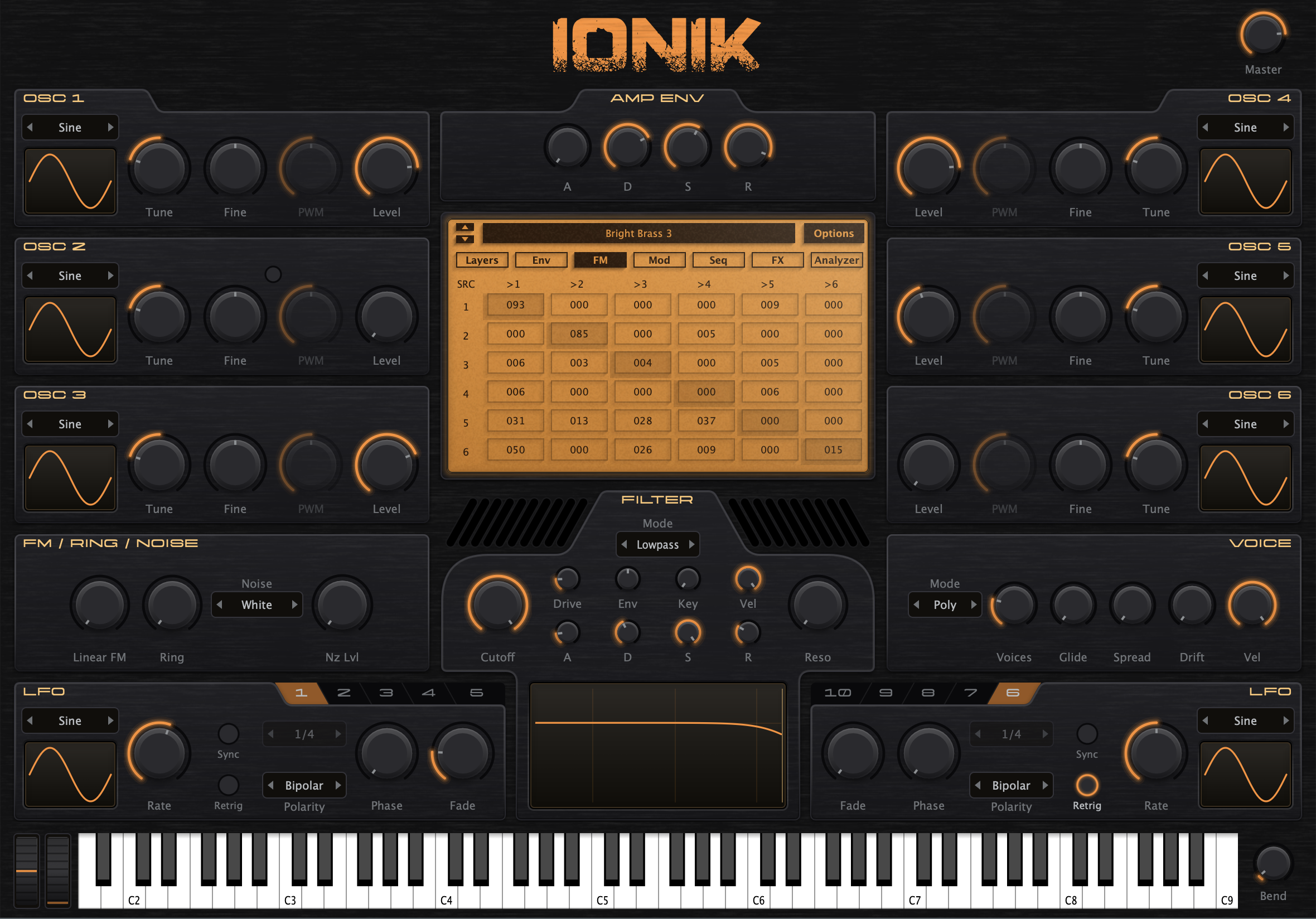The IONIK plug-in window: the wordmark across the top beside a master knob, three oscillator cards down the left edge and three down the right, an amber LCD hub at the centre showing the 6×6 FM matrix with the amplifier envelope above it and the filter below, an FM, ring and noise panel on the left with the voice panel opposite, two LFO panels across the lower half — one numbered 1 to 5 and the other 10 down to 6 — and a keyboard with pitch and modulation wheels along the foot.